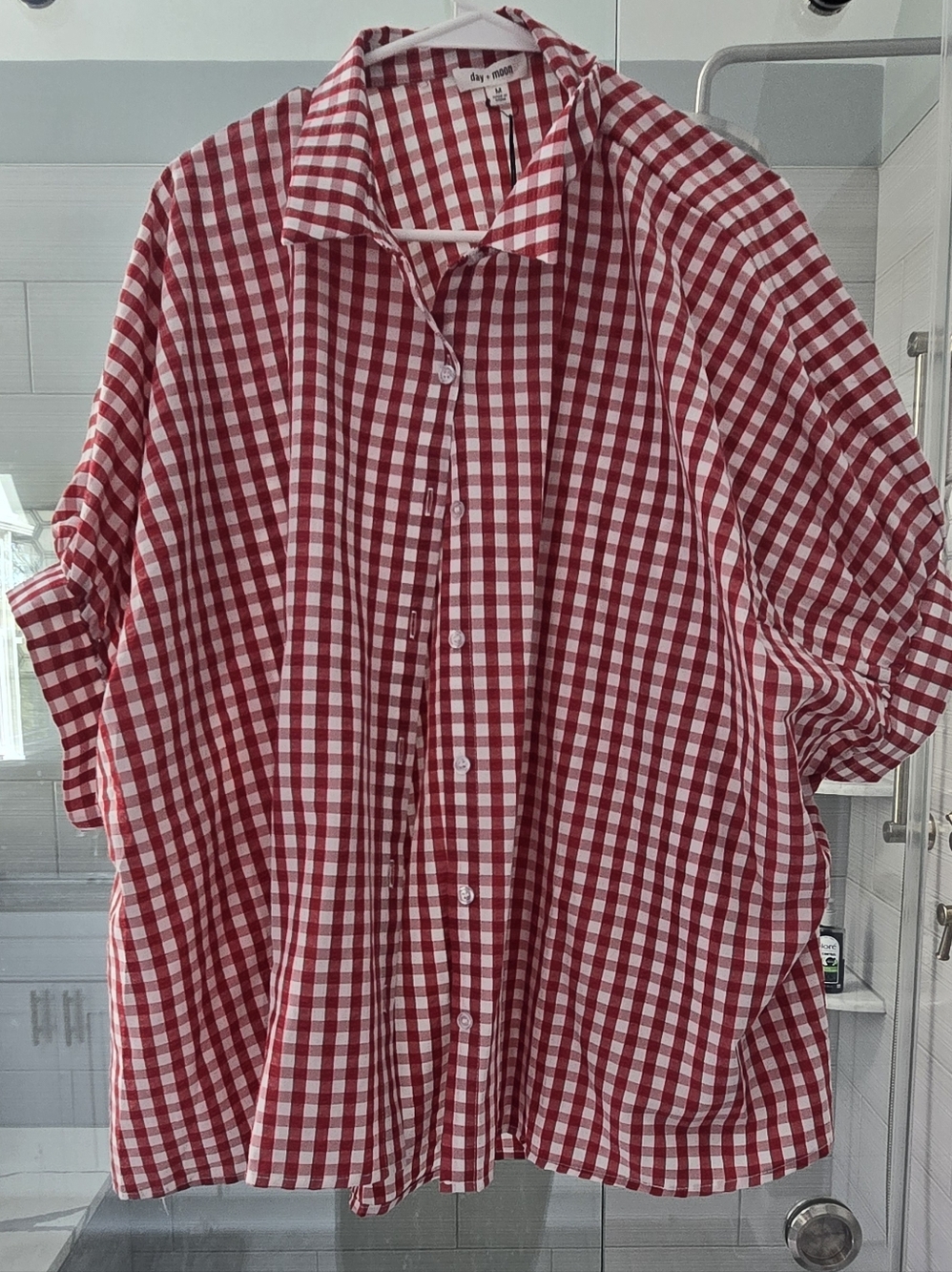Day Moon Red Gingham Button-Up Women's Shirt- Boyfriend Oversized